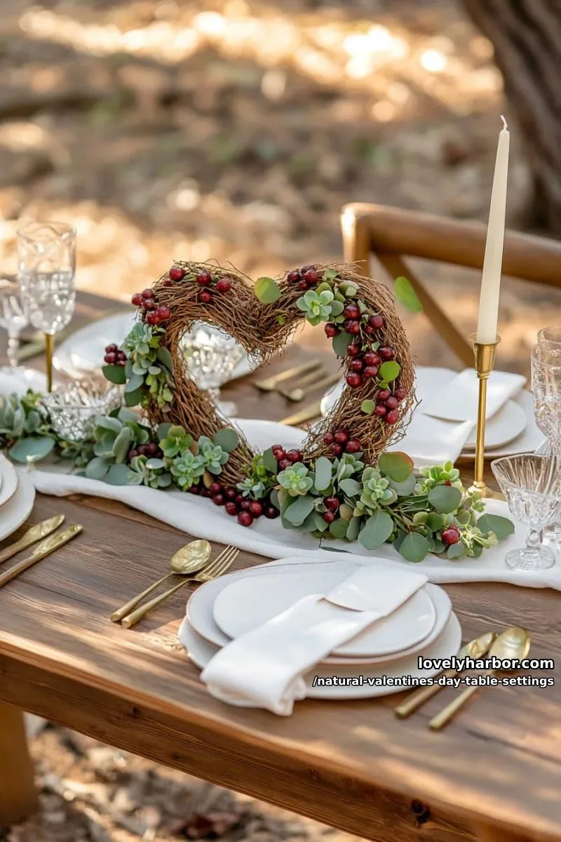 15 Natural Valentine’s Day Table Settings Perfect for a Romantic Table for Two 44 grapevine heart wreath centerpiece adorned with tiny succulents and berries 1