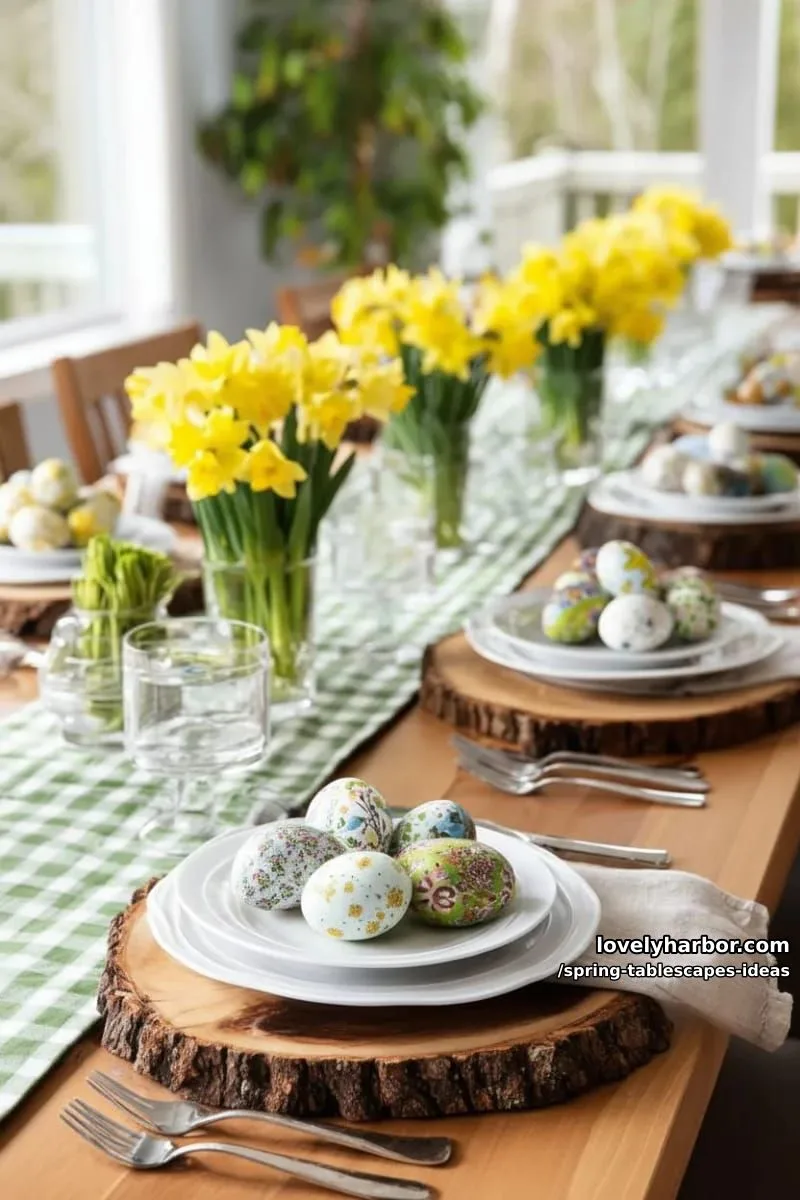 green gingham runners, rustic wood chargers, daffodils, and hand-painted eggs 1