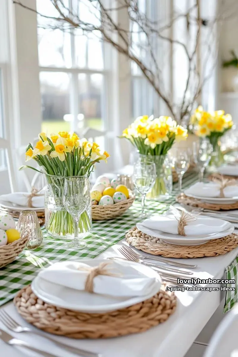 green gingham runners, rustic wood chargers, daffodils, and hand-painted eggs 1