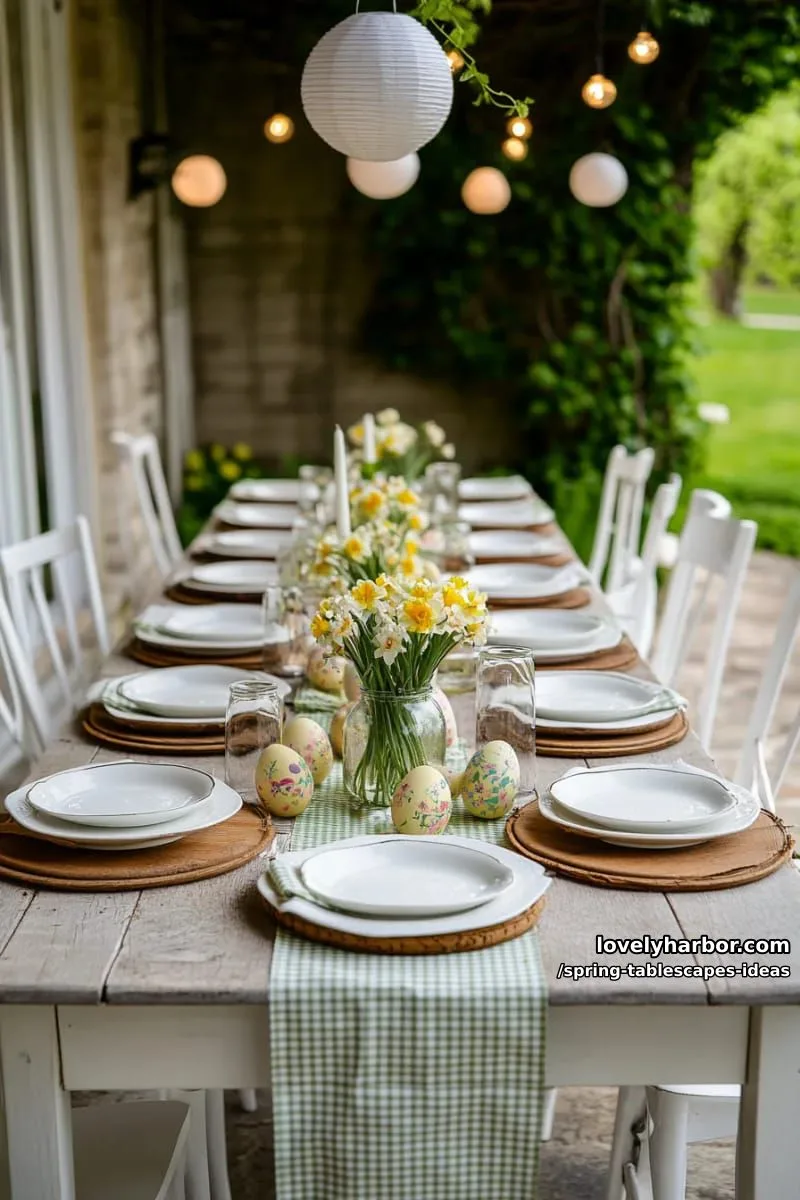 green gingham runners, rustic wood chargers, daffodils, and hand-painted eggs 1