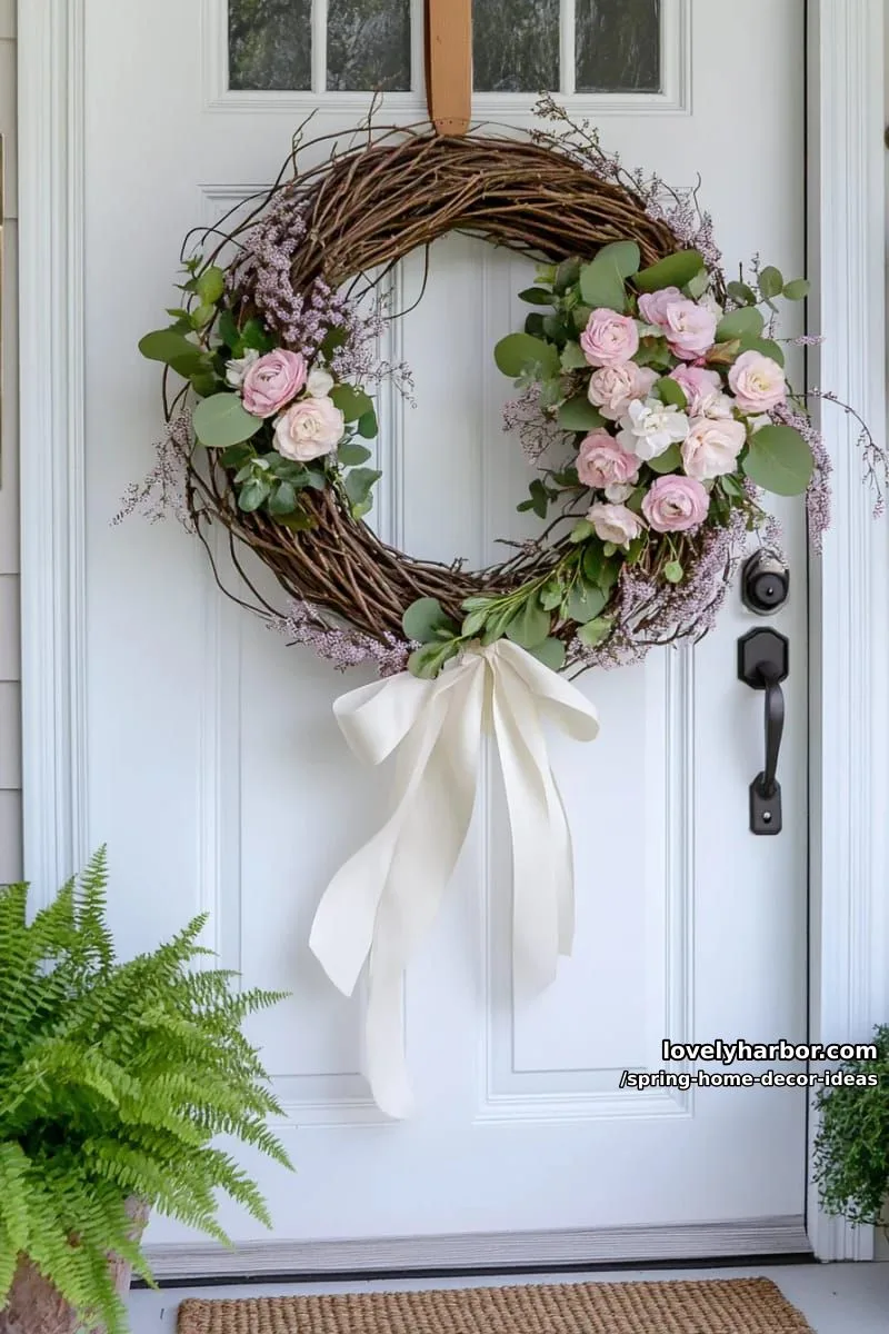 27 Gorgeous Spring Decor Ideas to Brighten Your Home 45 green grapevine wreath with soft pink ranunculus for a fresh door idea 1