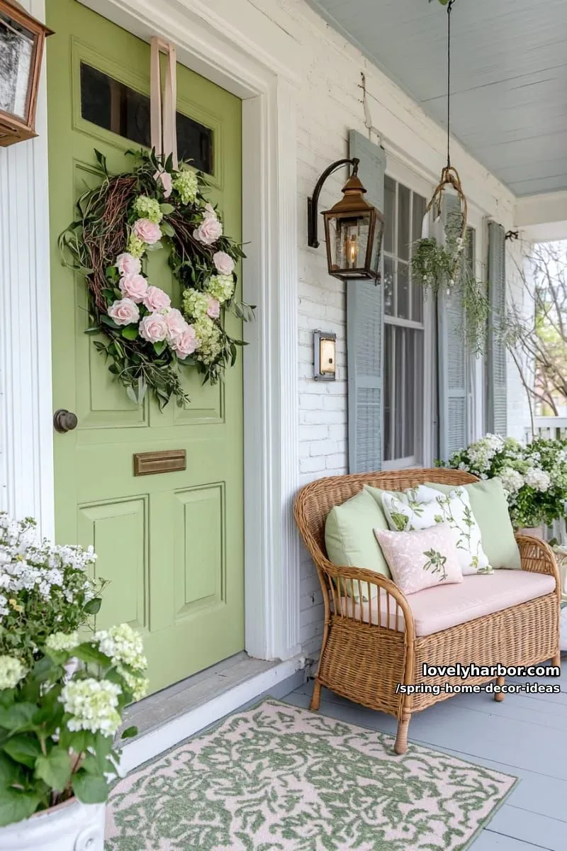 27 Gorgeous Spring Decor Ideas to Brighten Your Home 46 green grapevine wreath with soft pink ranunculus for a fresh door idea 1