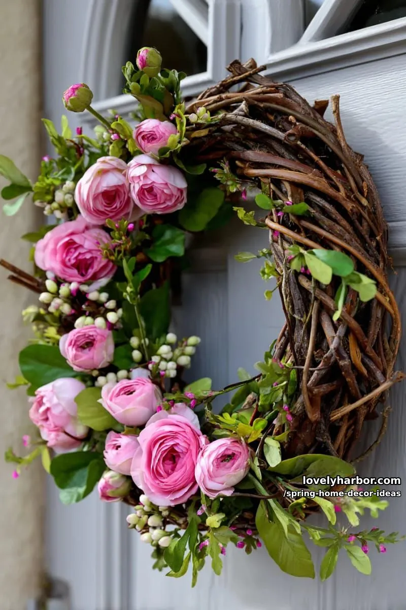 27 Gorgeous Spring Decor Ideas to Brighten Your Home 47 green grapevine wreath with soft pink ranunculus for a fresh door idea 1