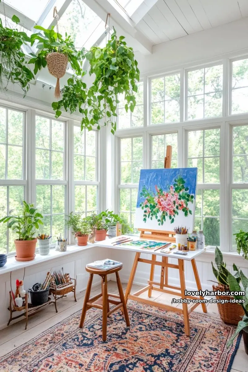 15 Inspiring Hobby Room Design Ideas You’ll Love 34 greenhouse-inspired art studio with glass walls, hanging plants, and bright natural lighting 1