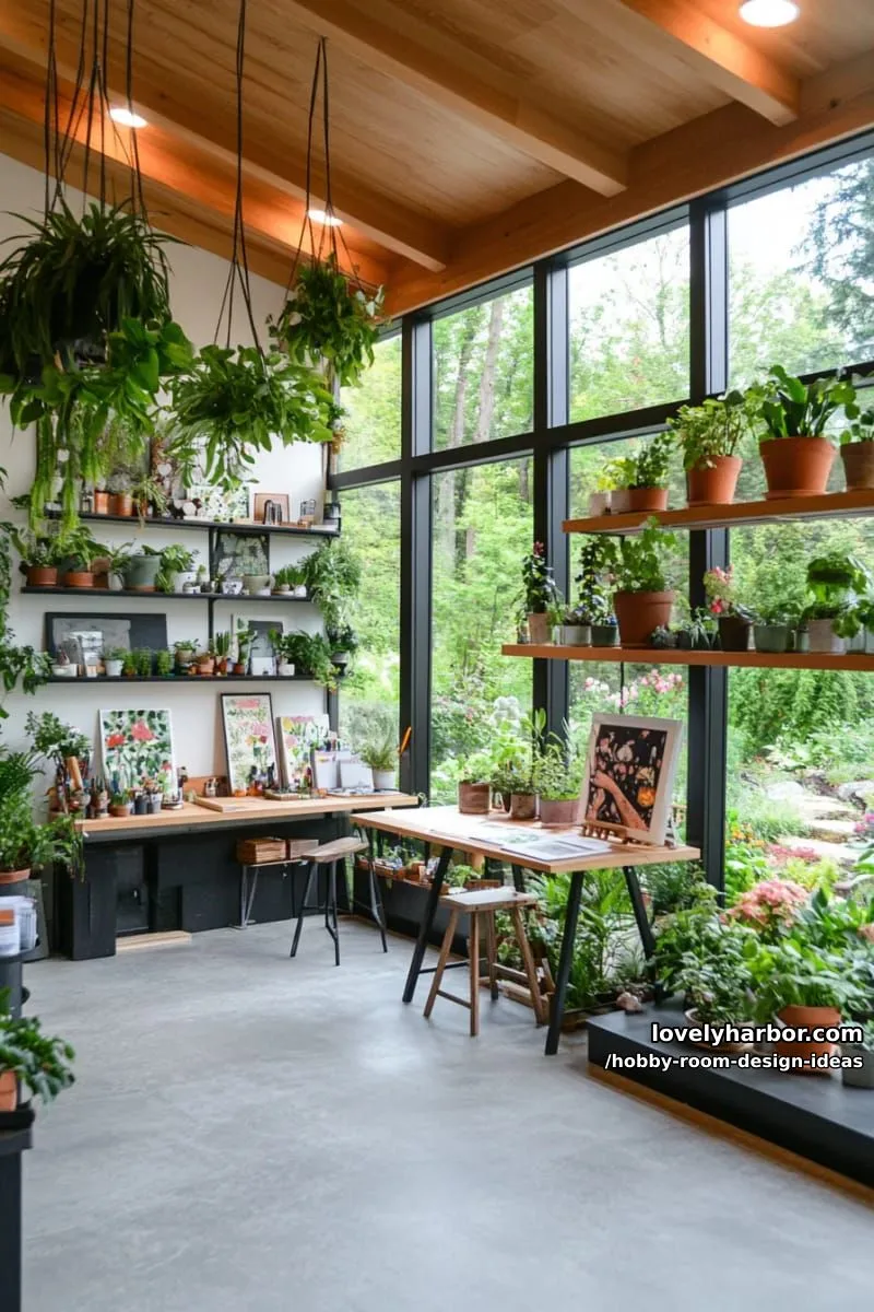 15 Inspiring Hobby Room Design Ideas You’ll Love 35 greenhouse-inspired art studio with glass walls, hanging plants, and bright natural lighting 1