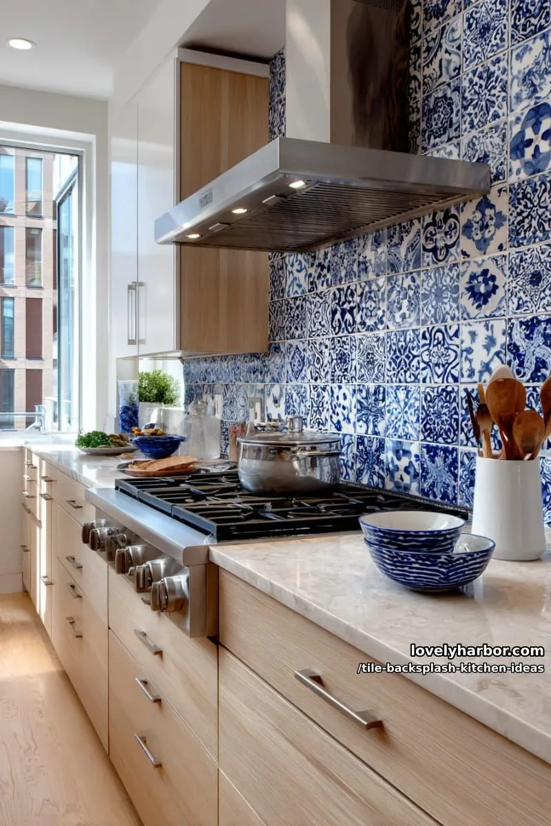 15 Tile Backsplash Ideas for a Stylish Kitchen 24 hand-painted blue and white mediterranean tiles for a striking focal wall 1