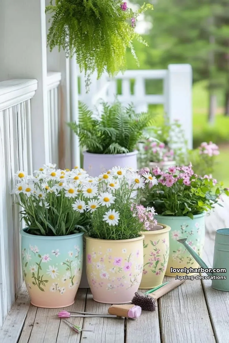 hand-painted pastel flower pots arranged in gradient rows on the porch 1