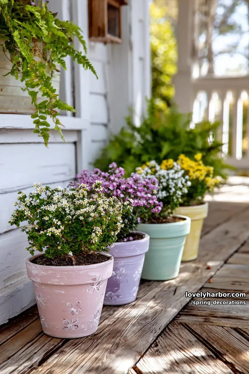 hand-painted pastel flower pots arranged in gradient rows on the porch 1