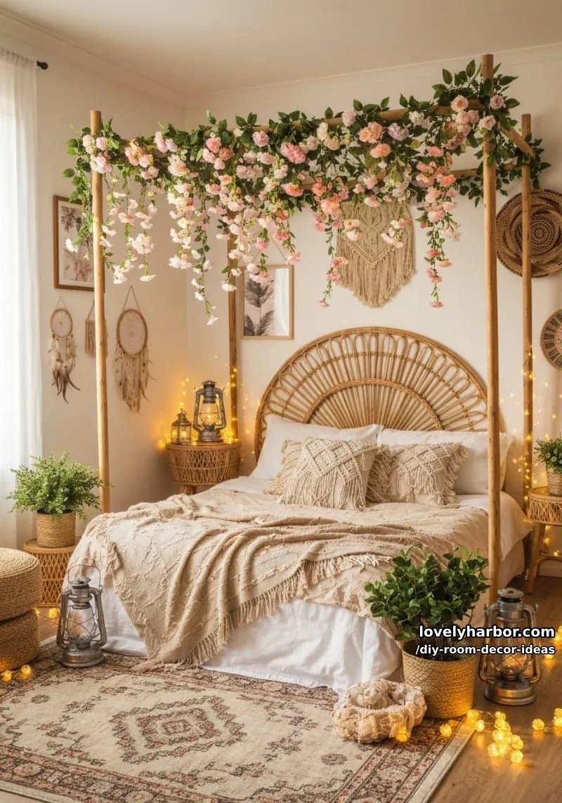 15 Creative DIY Room Decor Ideas to Add Color to Your Space 7 hang a cascading faux flower garland above your bed for a boho touch 1