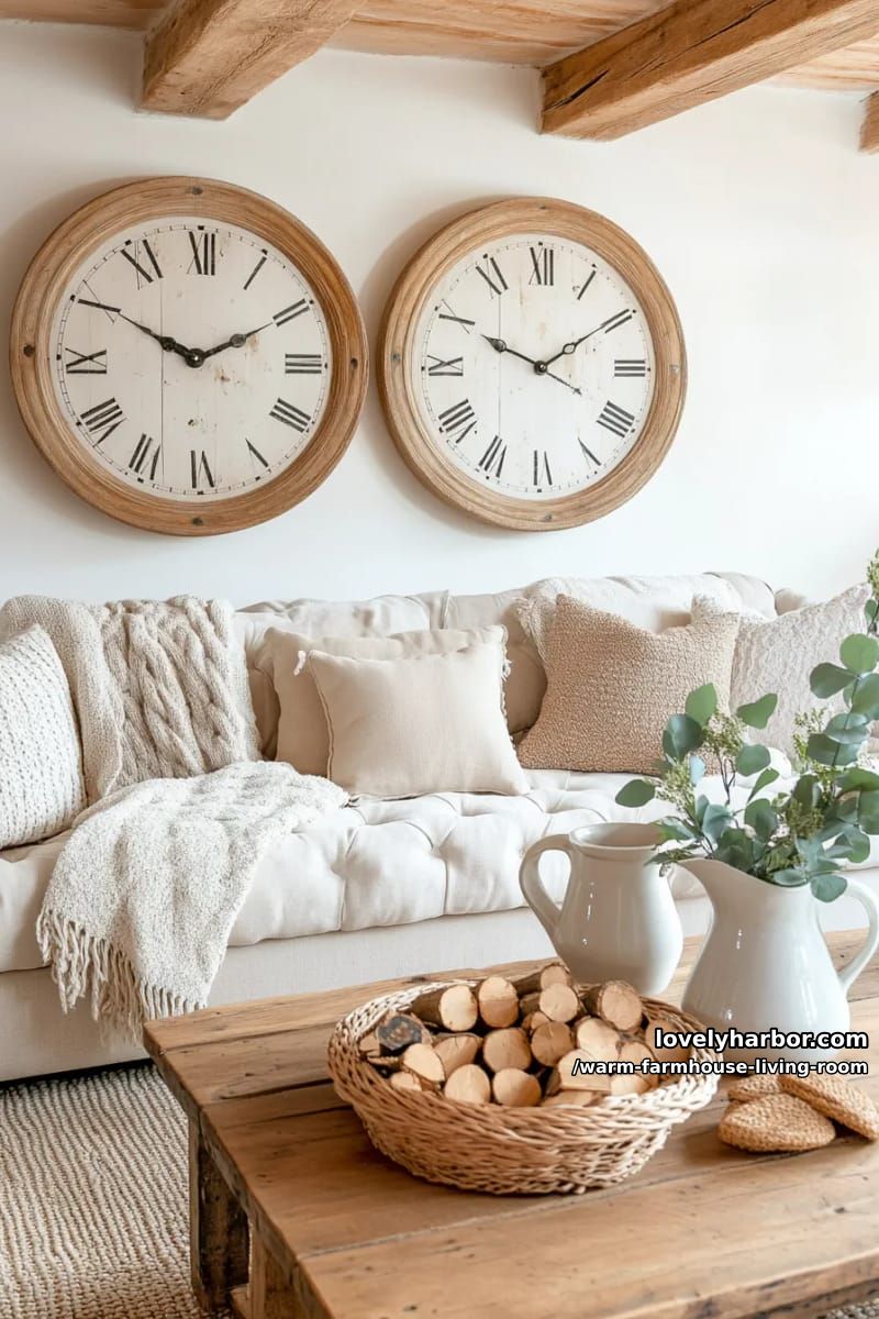 15 Ways to Style a Warm Farmhouse Living Room 20 hang oversized farmhouse clocks above cozy tufted sofas and textured blankets 1