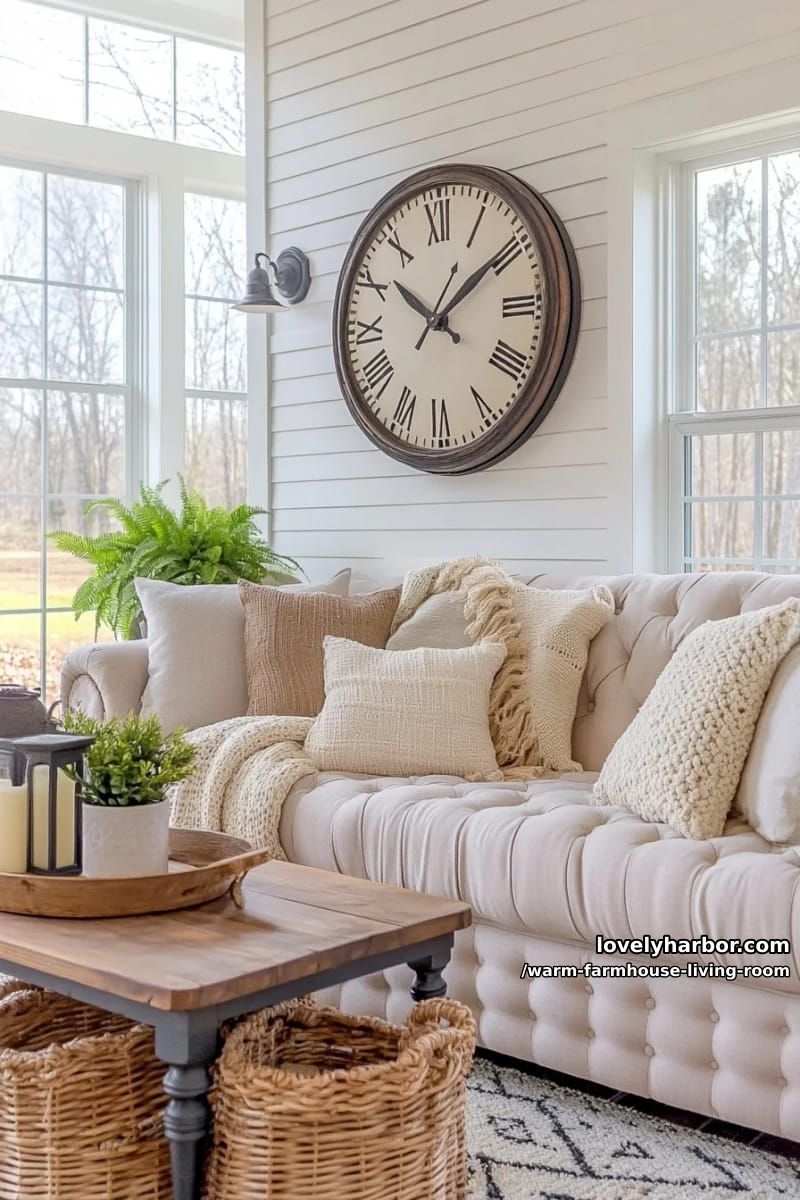 15 Ways to Style a Warm Farmhouse Living Room 21 hang oversized farmhouse clocks above cozy tufted sofas and textured blankets 1