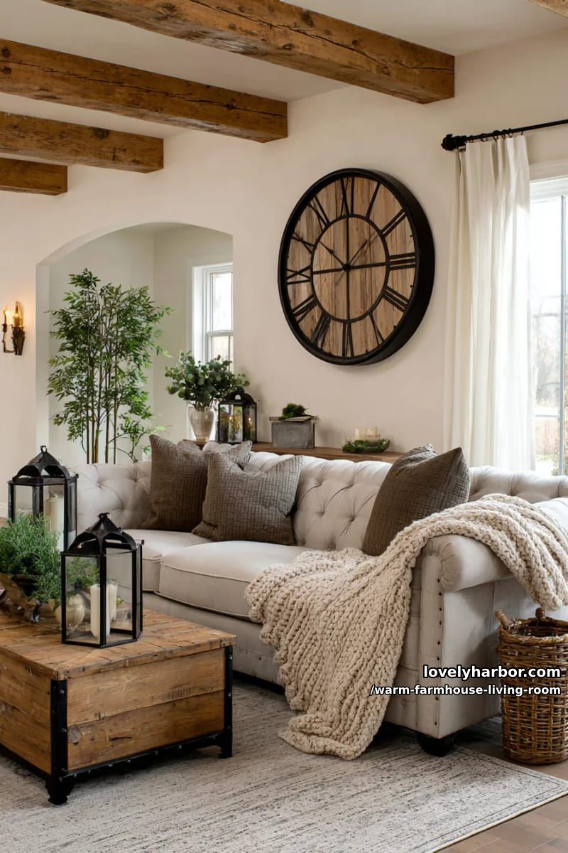15 Ways to Style a Warm Farmhouse Living Room 22 hang oversized farmhouse clocks above cozy tufted sofas and textured blankets 1