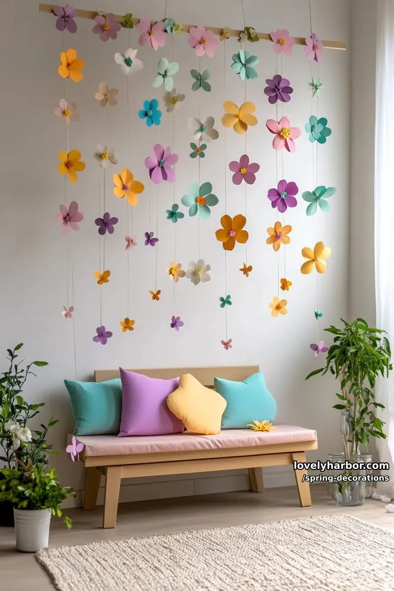 hanging flower curtain made with colorful paper blooms as a backdrop 1