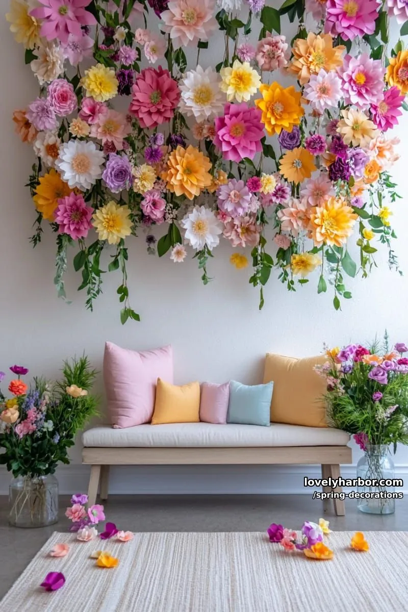 hanging flower curtain made with colorful paper blooms as a backdrop 1