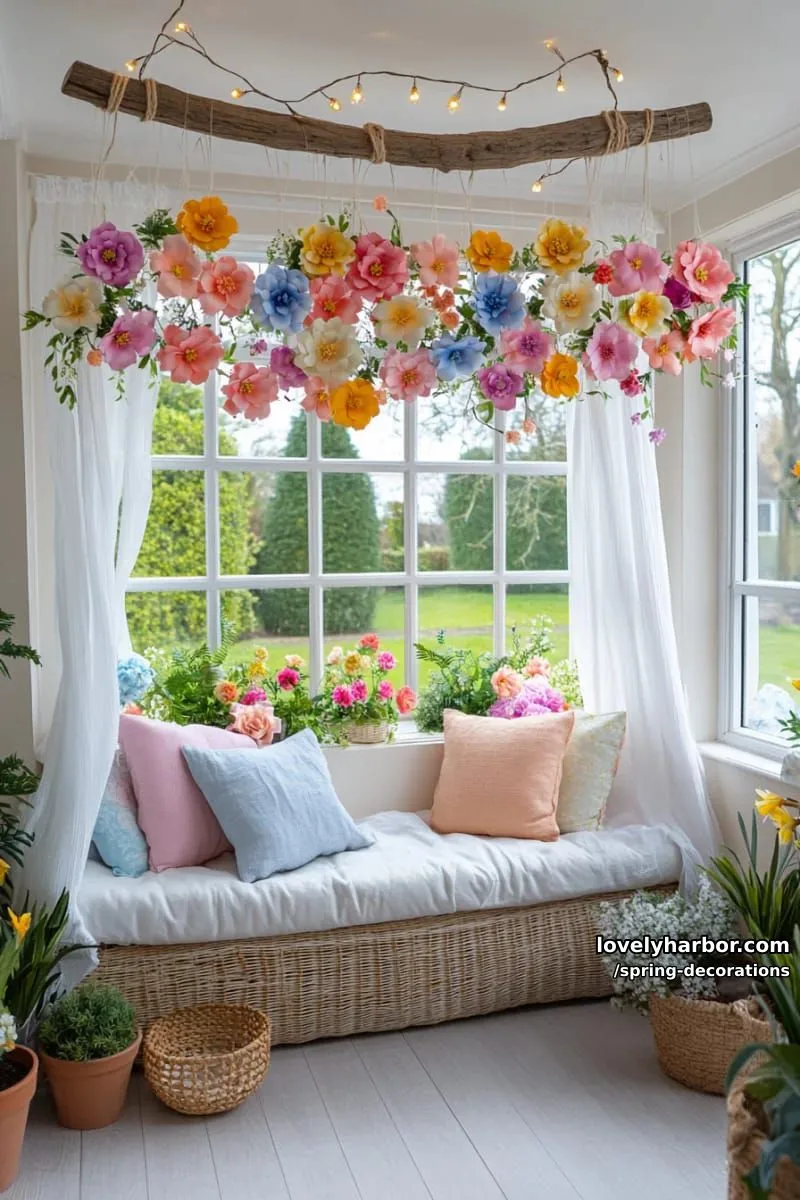 hanging flower curtain made with colorful paper blooms as a backdrop 1