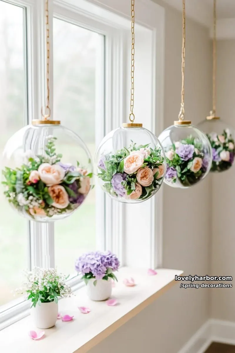 hanging glass terrariums with trailing ivy and pastel florals for indoor charm 1
