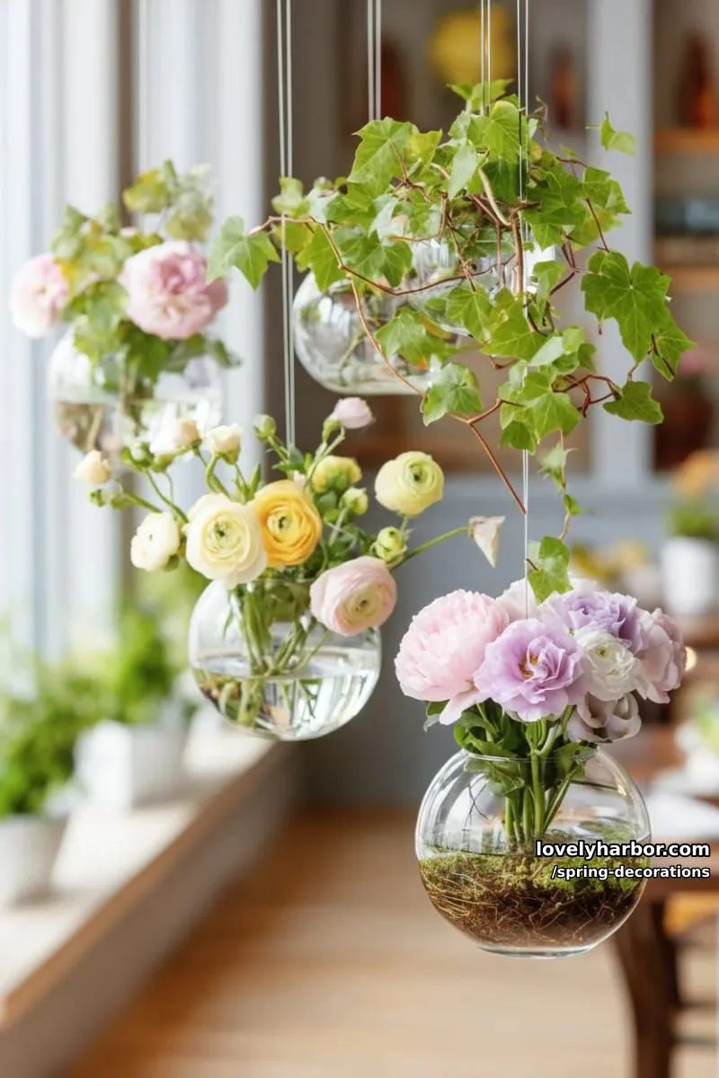 hanging glass terrariums with trailing ivy and pastel florals for indoor charm 1