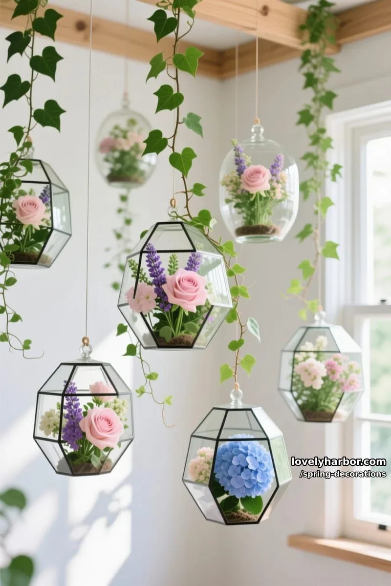hanging glass terrariums with trailing ivy and pastel florals for indoor charm 1