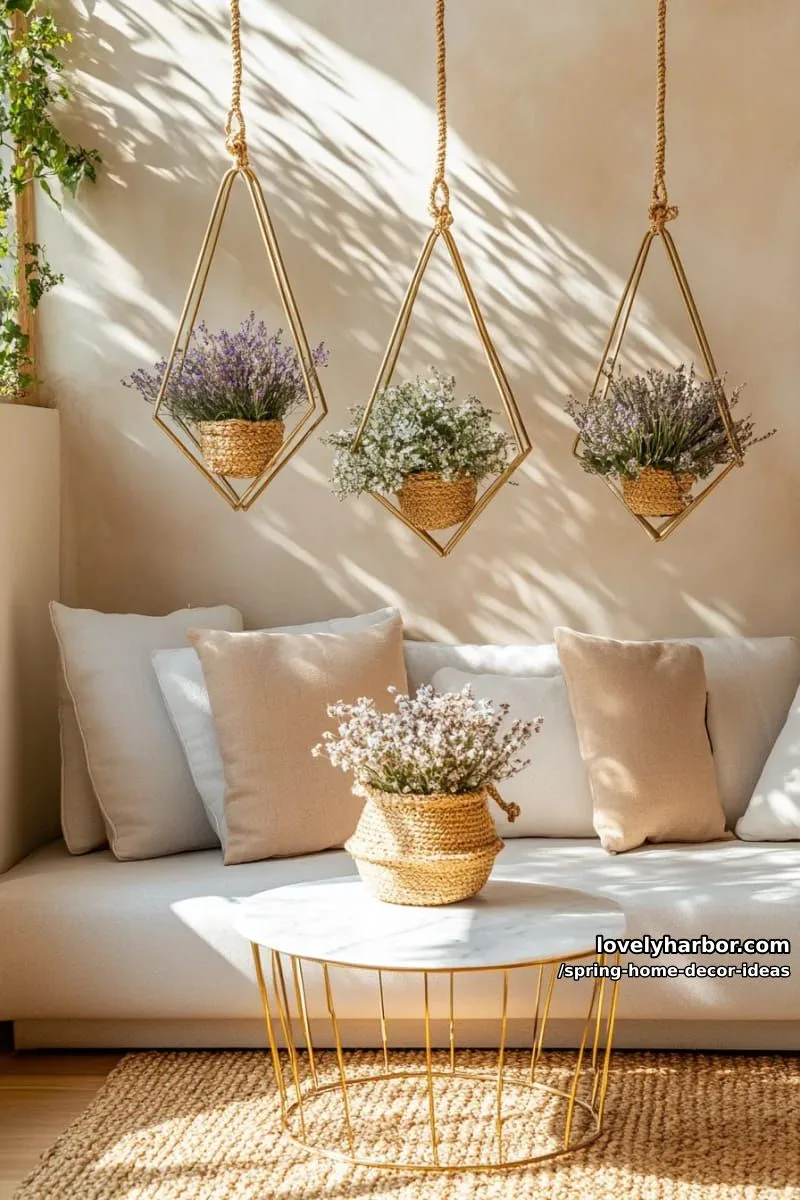 27 Gorgeous Spring Decor Ideas to Brighten Your Home 48 hanging gold geometric shapes with dried flowers and greenery for modern charm 1