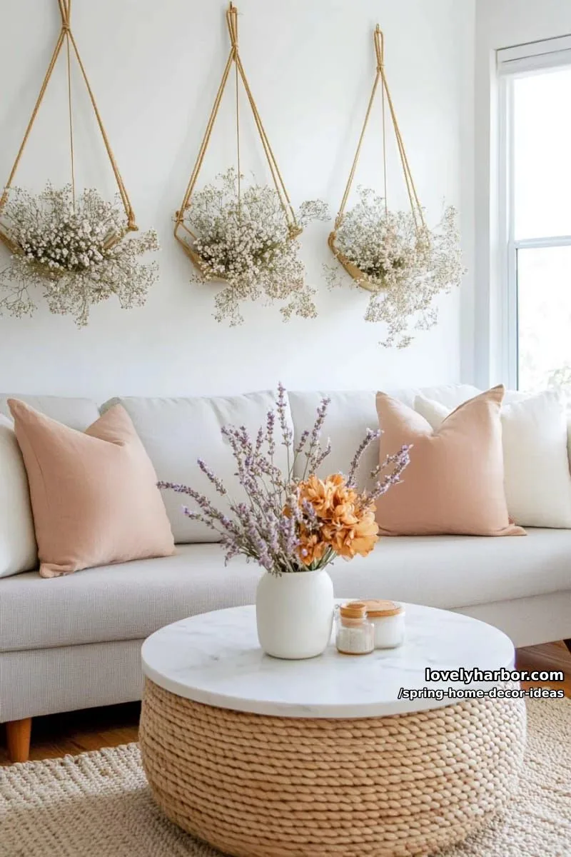 27 Gorgeous Spring Decor Ideas to Brighten Your Home 49 hanging gold geometric shapes with dried flowers and greenery for modern charm 1