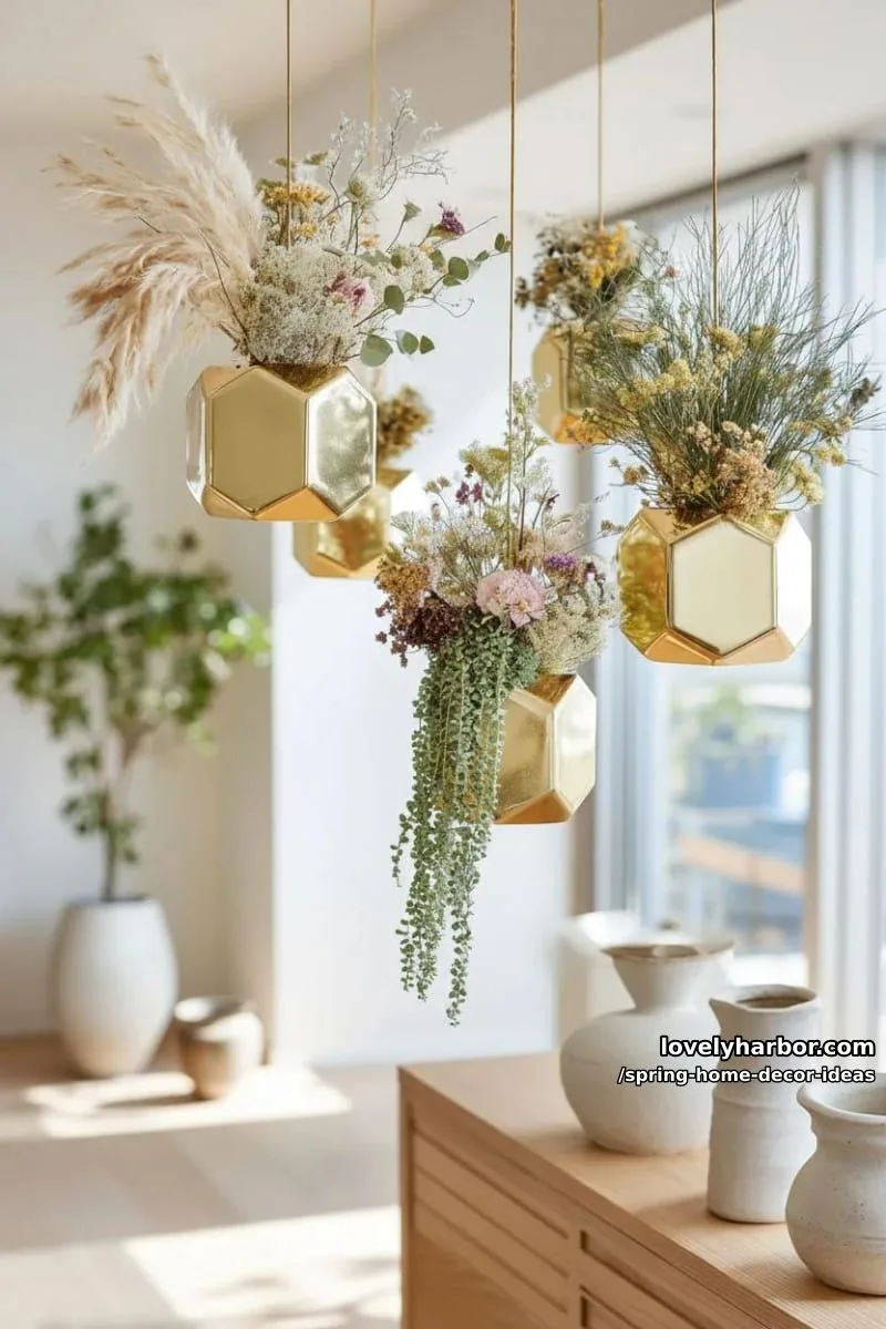 27 Gorgeous Spring Decor Ideas to Brighten Your Home 50 hanging gold geometric shapes with dried flowers and greenery for modern charm 1