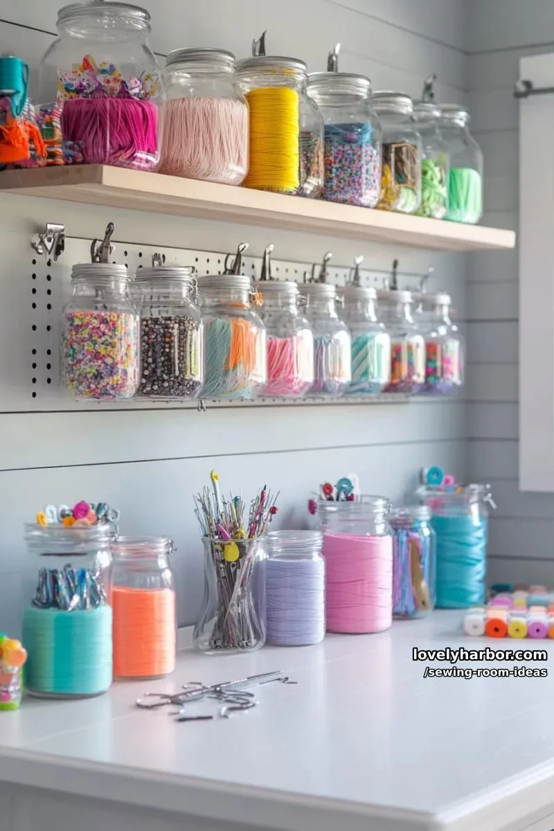 15 Creative Sewing Room Design Ideas 29 hanging mason jars for buttons, snaps, and embellishments above your workspace 1
