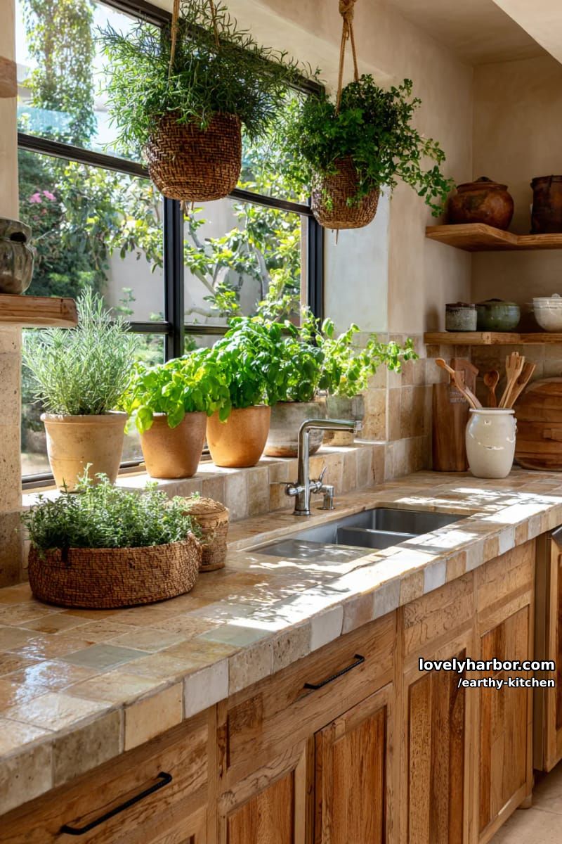 pendurando vasos de plantas acima da pia com janela de jardim de ervas iluminada pelo sol 1