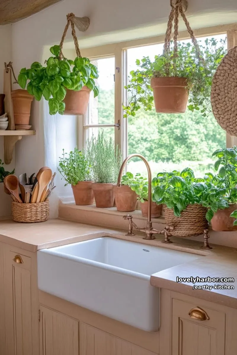 hanging potted plants above the sink with sunlit herb garden window 1