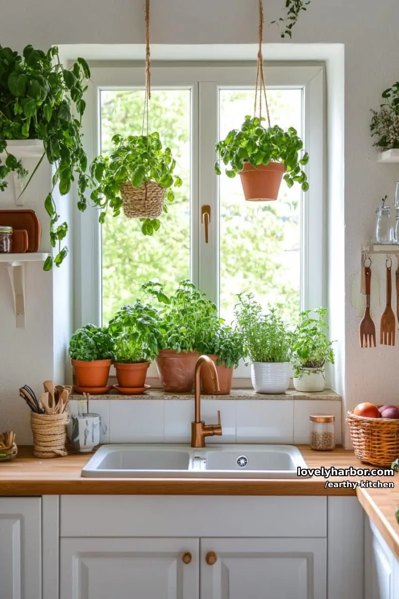 hanging potted plants above the sink with sunlit herb garden window 1