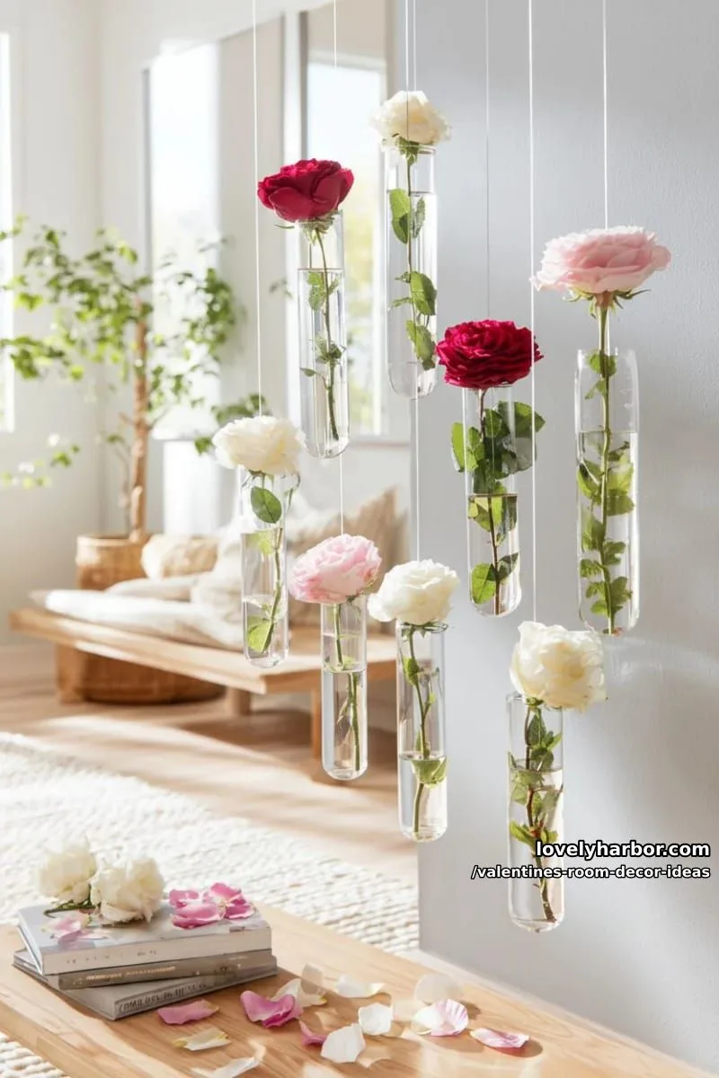 15 Valentine's Room Decor Ideas for a Romantic Ambiance 61 hanging test tubes with single roses for a minimalist floral statement 1