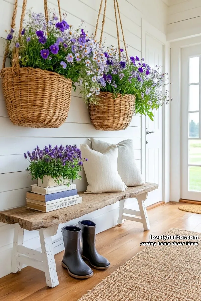 27 Gorgeous Spring Decor Ideas to Brighten Your Home 5 hanging wall baskets overflowing with wildflowers for an uplifting entryway statement 1