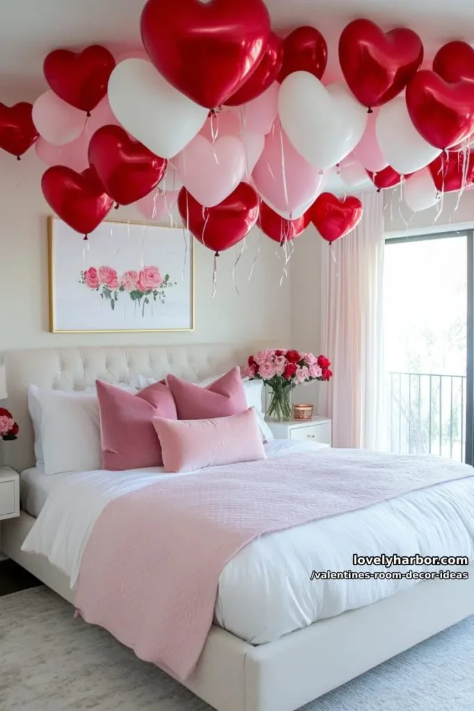 heart-shaped balloon ceiling installation with cascading ribbons above the bed 2