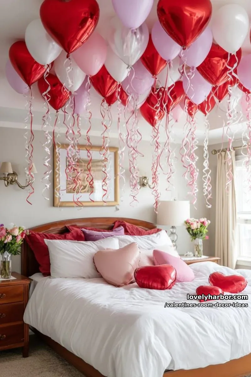 15 Valentine's Room Decor Ideas for a Romantic Ambiance 3 heart-shaped balloon ceiling installation with cascading ribbons above the bed 1