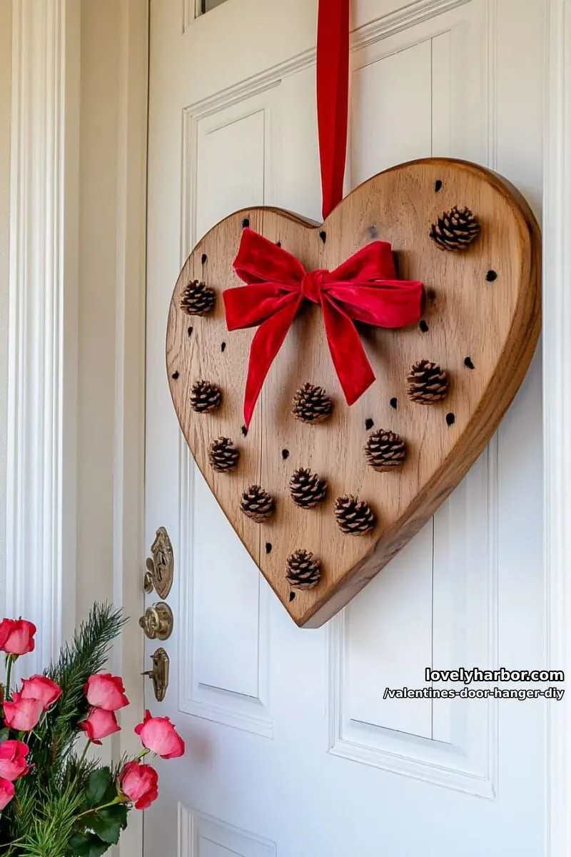 heart-shaped door hanger with mini pine cones and red velvet ribbon 1