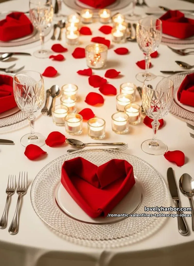 heart-shaped napkin folds on sparkling glass plates, surrounded by tea lights 1