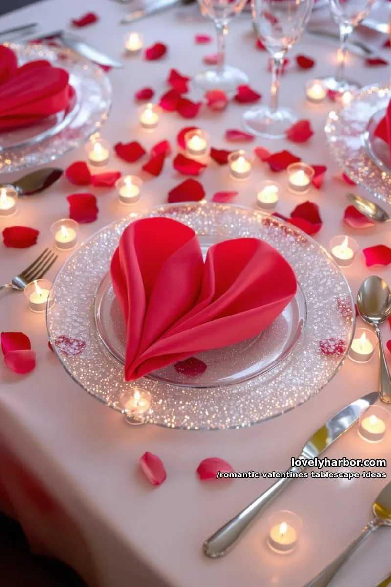 heart-shaped napkin folds on sparkling glass plates, surrounded by tea lights 1