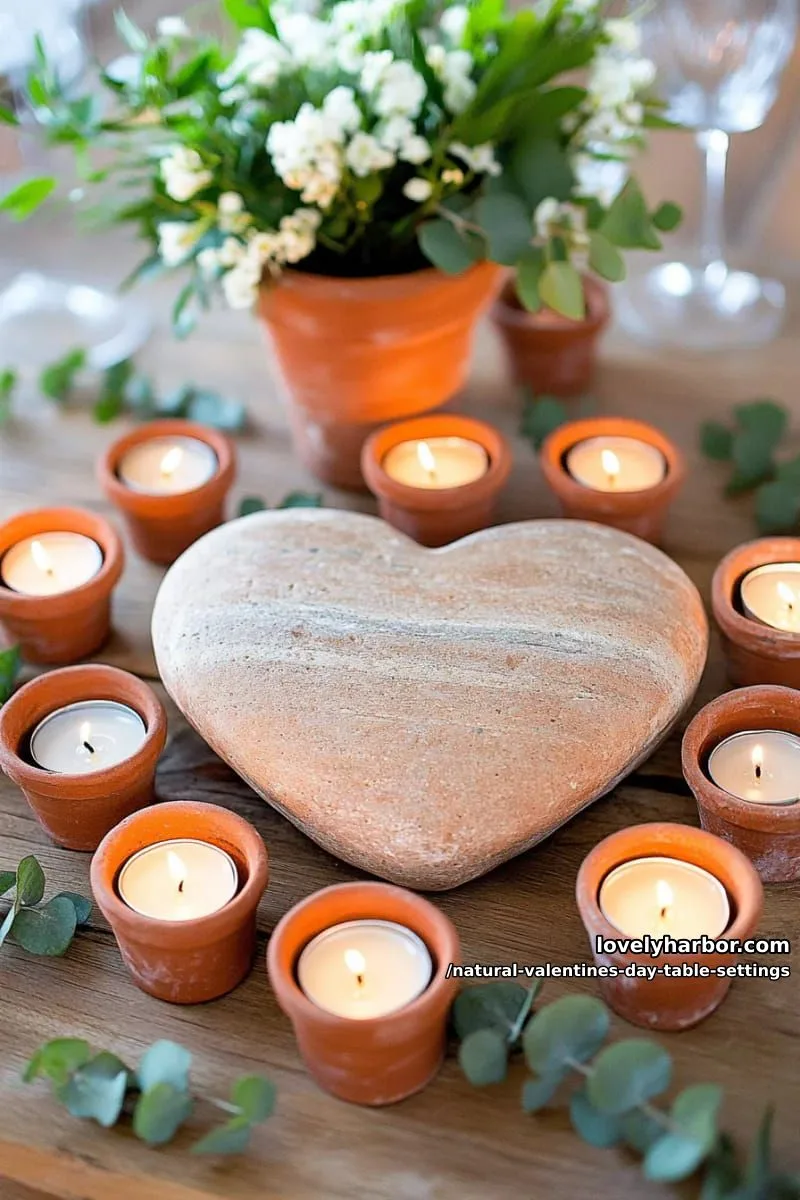 15 Natural Valentine’s Day Table Settings Perfect for a Romantic Table for Two 23 heart-shaped stone centerpiece surrounded by tea lights in mini terracotta pots 1