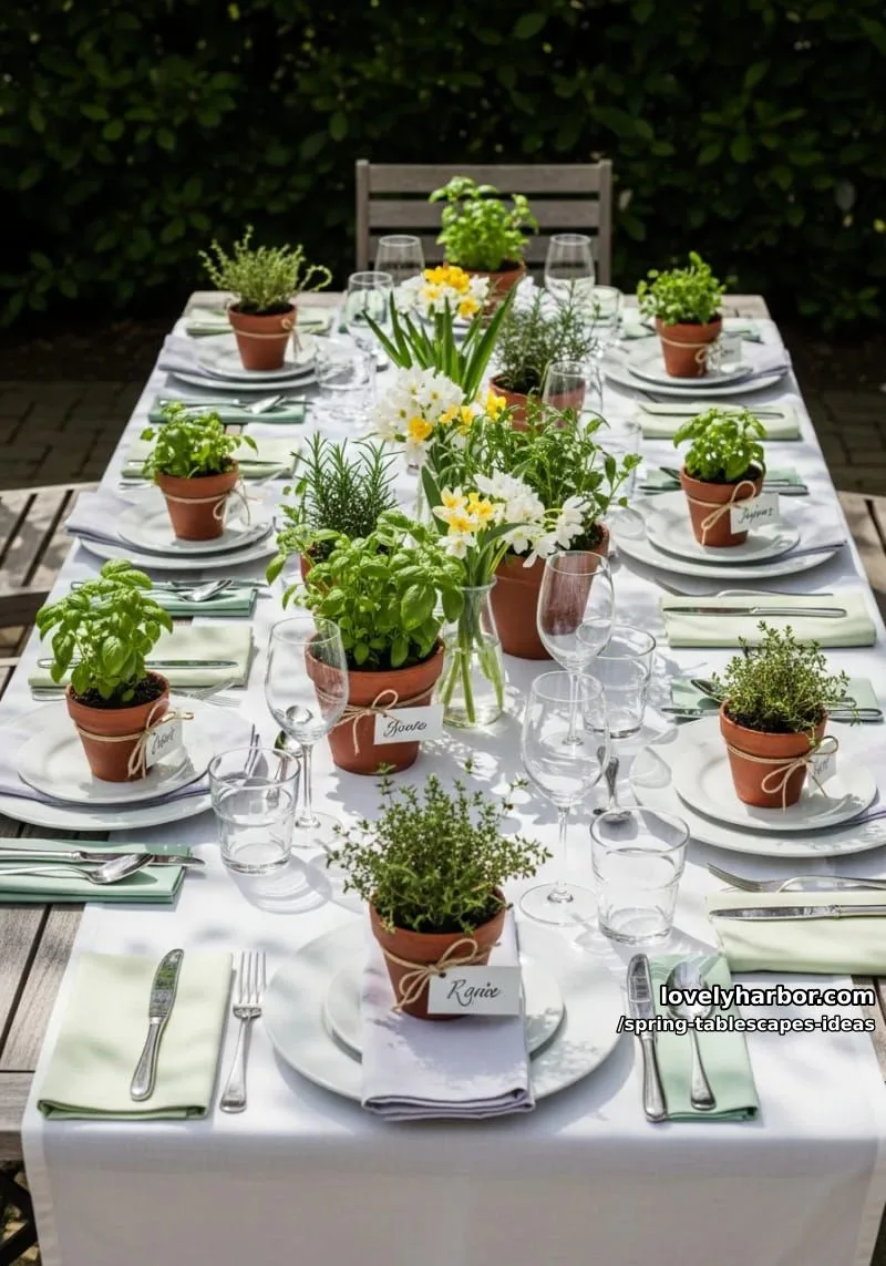 herb-filled pots as edible place markers for each guest’s seat 1