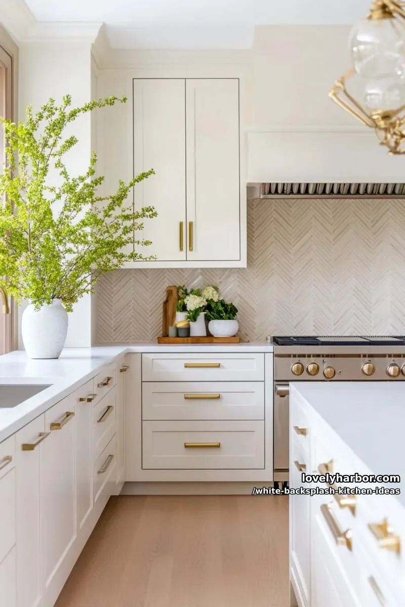 15 Elegant White Backsplash Ideas for Your Kitchen 7 herringbone marble mosaics paired with sleek white countertops and brass accents 1