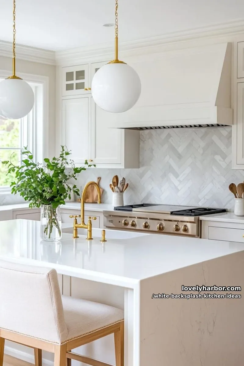 15 Elegant White Backsplash Ideas for Your Kitchen 8 herringbone marble mosaics paired with sleek white countertops and brass accents 1