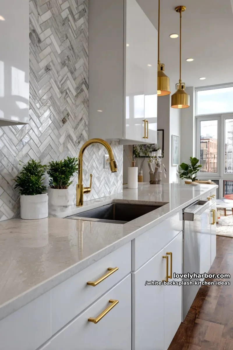 15 Elegant White Backsplash Ideas for Your Kitchen 9 herringbone marble mosaics paired with sleek white countertops and brass accents 1