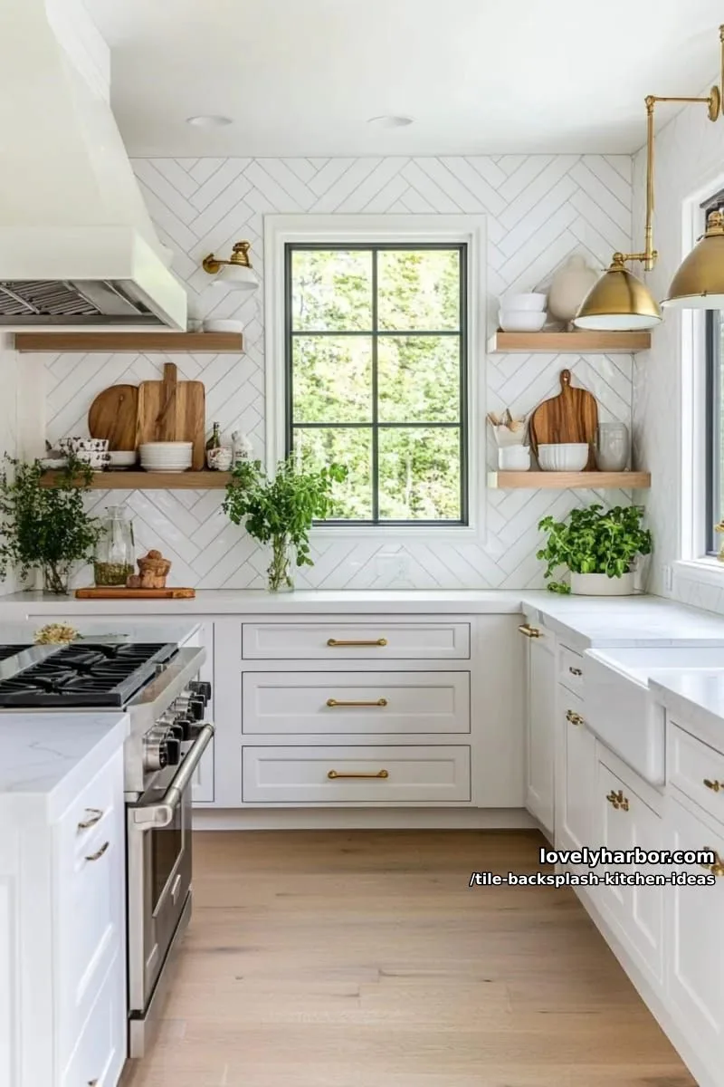 15 Tile Backsplash Ideas for a Stylish Kitchen 21 herringbone pattern with creamy white tiles and thin contrasting grout lines 1