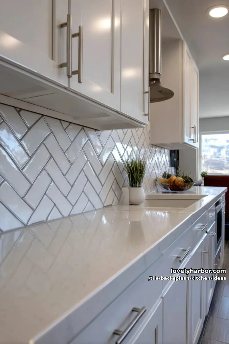 15 Tile Backsplash Ideas for a Stylish Kitchen 22 herringbone pattern with creamy white tiles and thin contrasting grout lines 1