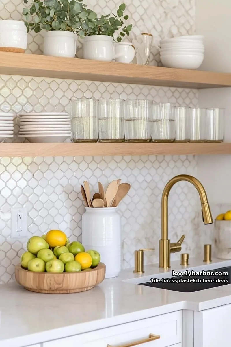 15 Tile Backsplash Ideas for a Stylish Kitchen 4 hexagonal white and gold tiles creating a honeycomb pattern above the counter 1