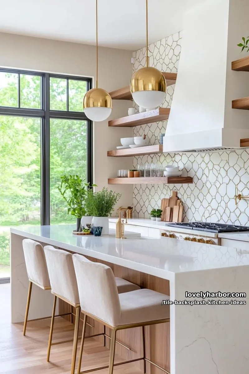 15 Tile Backsplash Ideas for a Stylish Kitchen 5 hexagonal white and gold tiles creating a honeycomb pattern above the counter 1