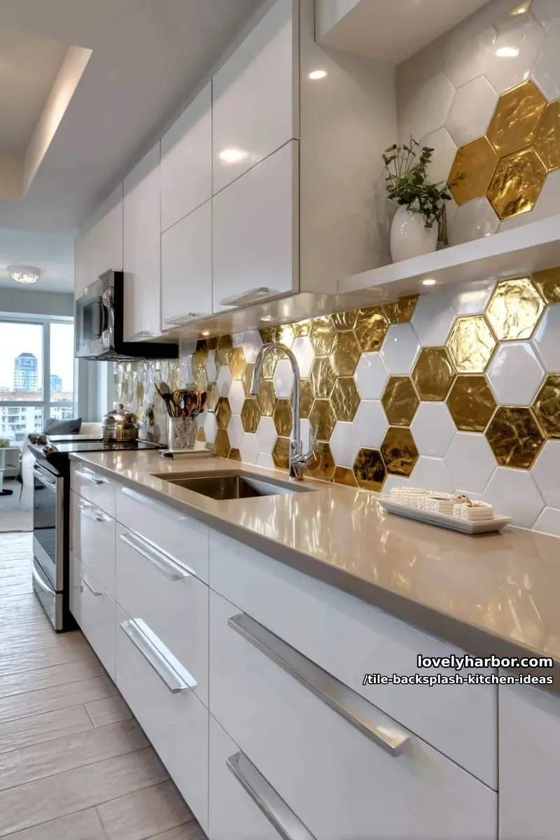 15 Tile Backsplash Ideas for a Stylish Kitchen 6 hexagonal white and gold tiles creating a honeycomb pattern above the counter 1