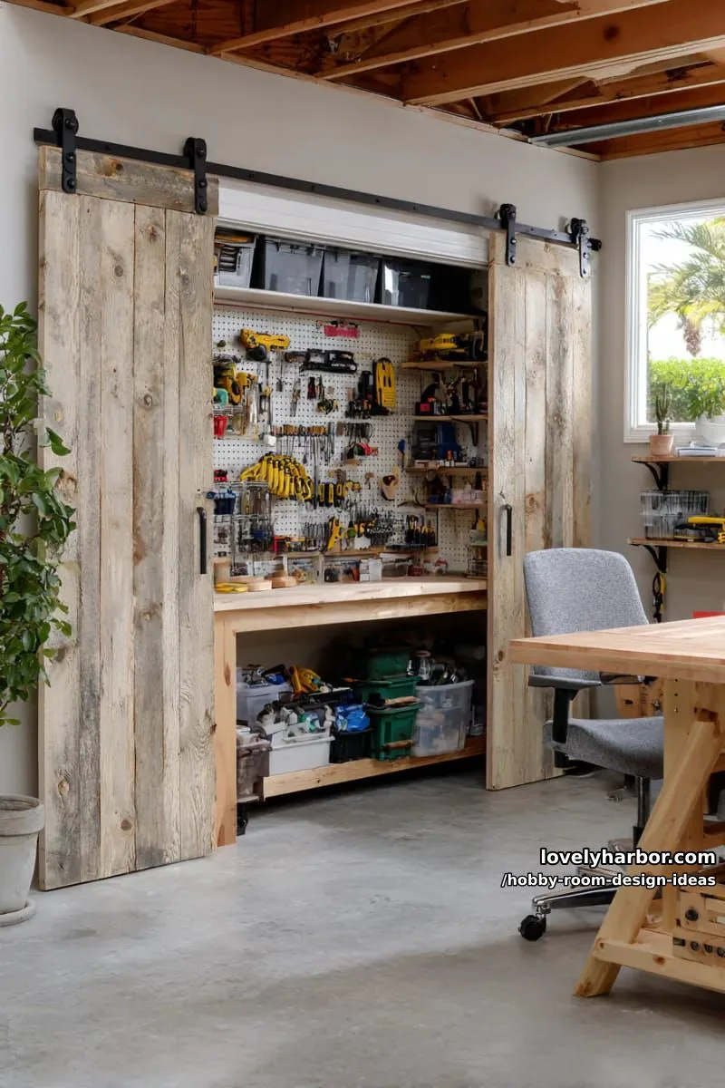 15 Inspiring Hobby Room Design Ideas You’ll Love 10 hidden pegboard wall behind sliding barn doors for tool and supply display 1