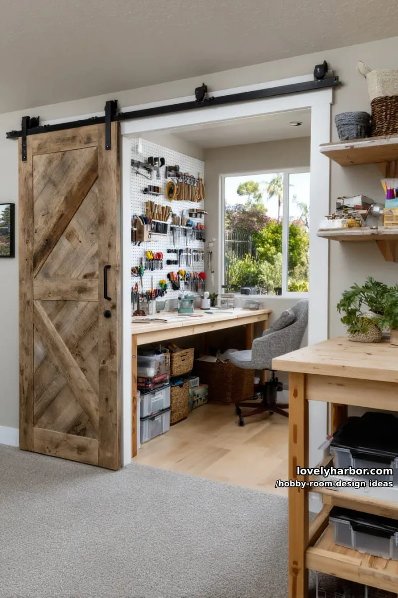 15 Inspiring Hobby Room Design Ideas You’ll Love 11 hidden pegboard wall behind sliding barn doors for tool and supply display 1