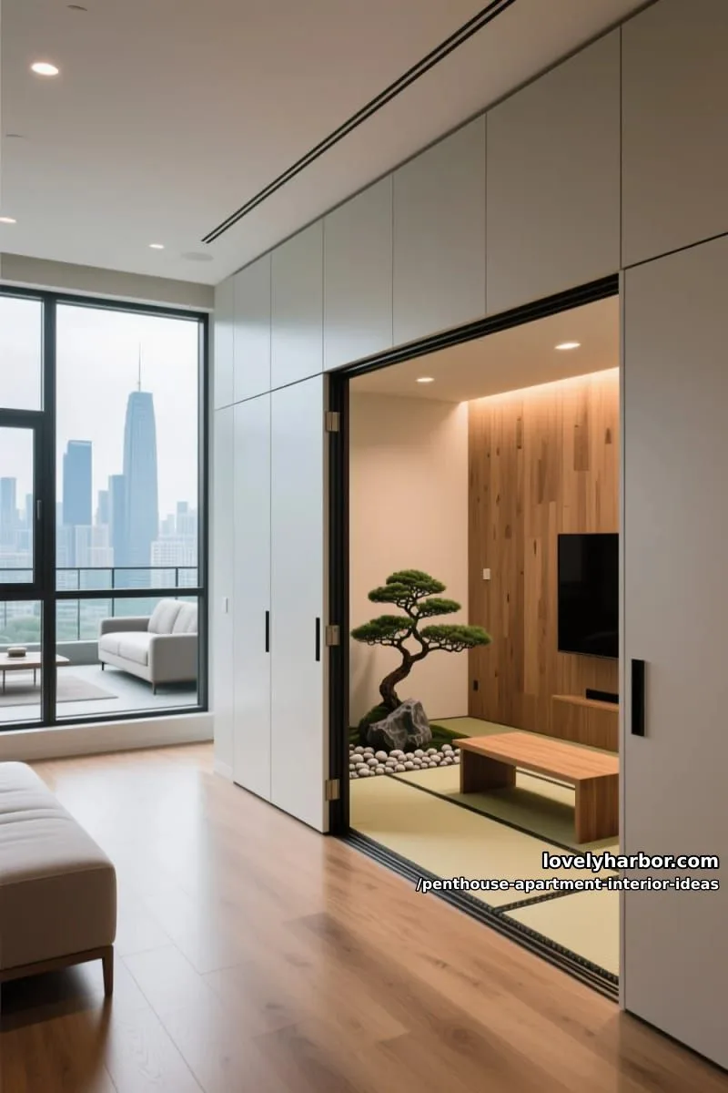 29 Stunning Penthouse Apartment Interior Design Ideas for a Fresh New Look 61 hidden pocket doors revealing a secret zen meditation alcove 1
