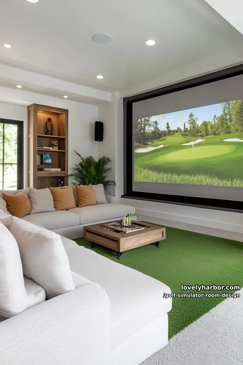 15 Chic Golf Simulator Room Designs to Help Update Your Space! 6 home golf theatre merging simulator, plush sectional sofa, and wall-sized screen 1